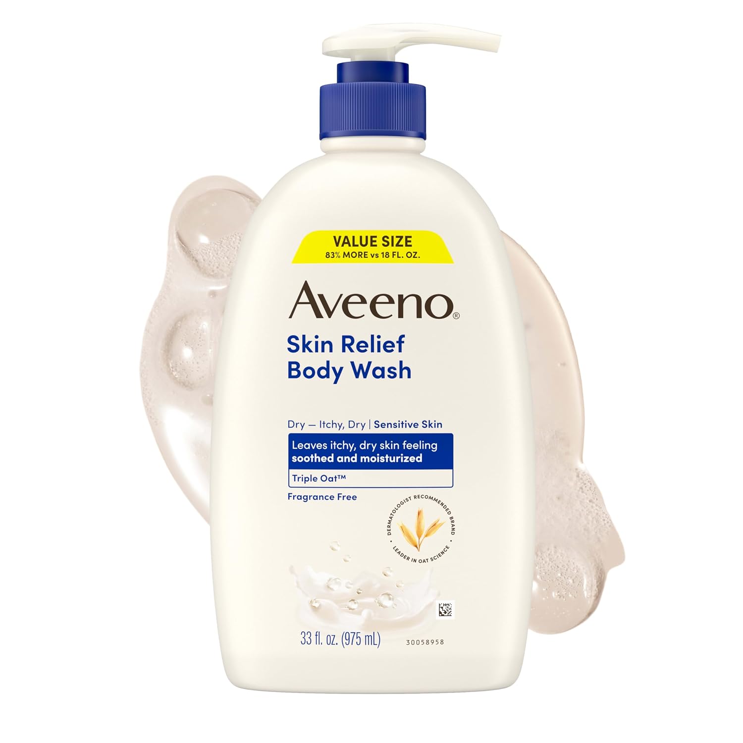 Aveeno Skin Relief fragrance-free body wash, 33 fl oz bottle