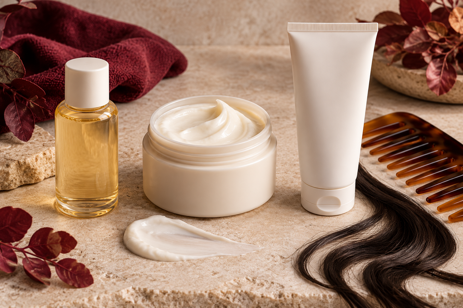 Unbranded pre-shampoo treatment, rinse-out hair mask, and leave-in tube beside a wide-tooth comb