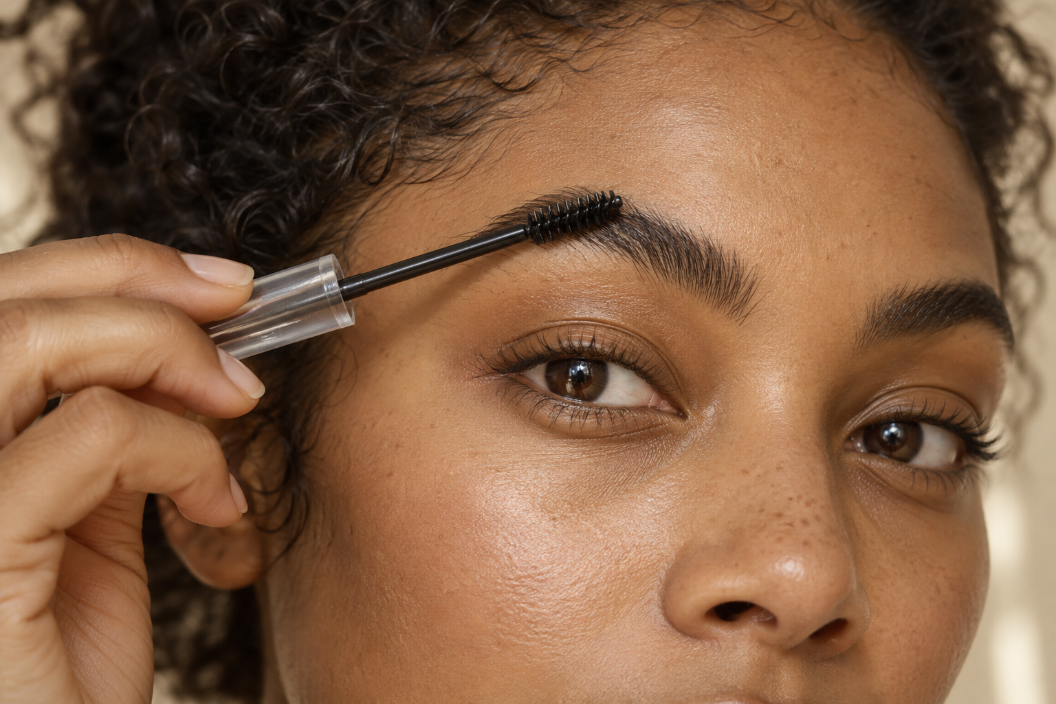 Adult brushing clear brow gel through naturally textured eyebrows for a polished fall makeup look