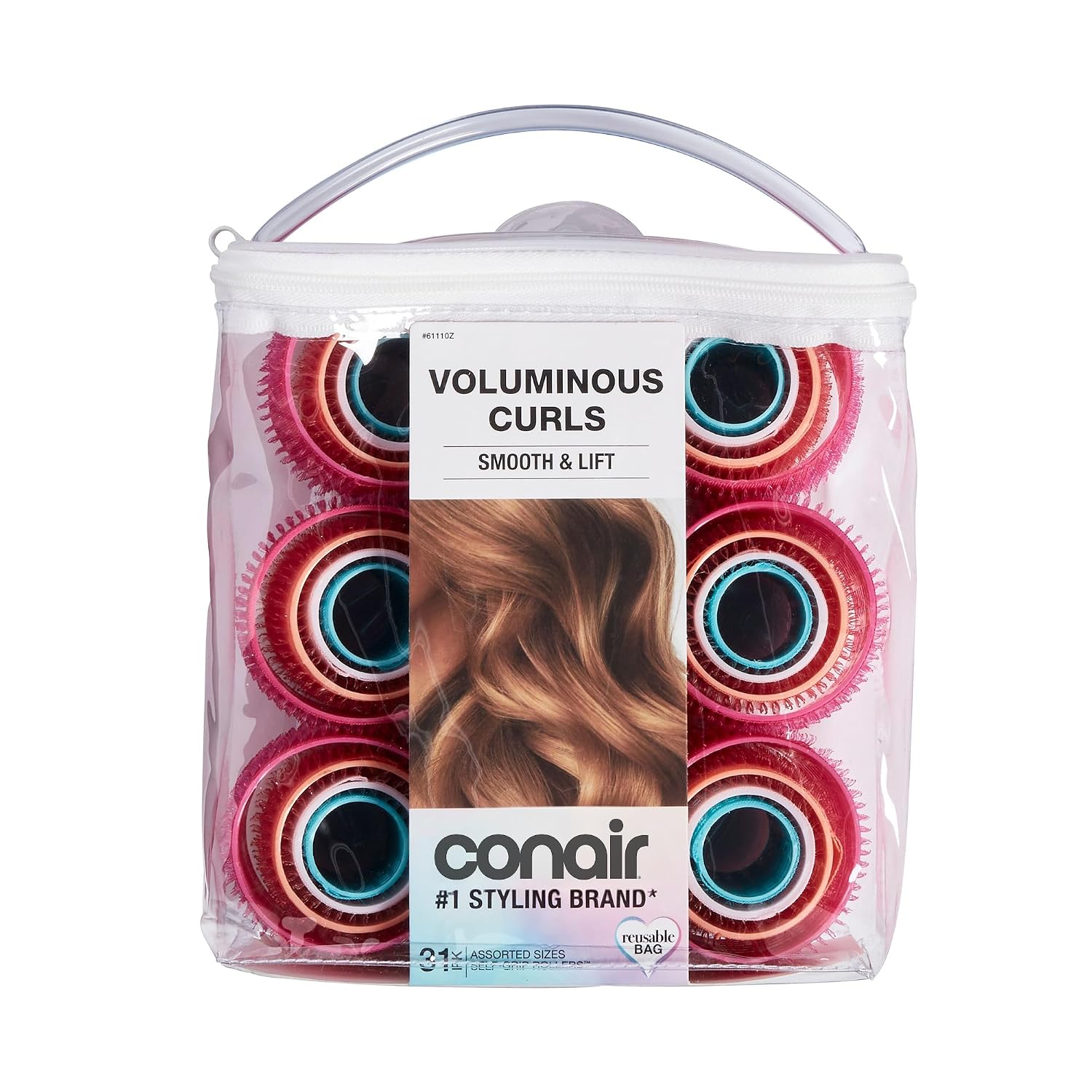 Conair multicolor self-grip hair rollers in five sizes with storage case