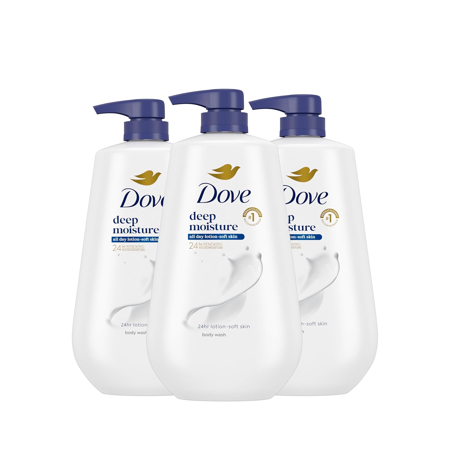 Three Dove Deep Moisture body wash pump bottles, 30.6 oz each
