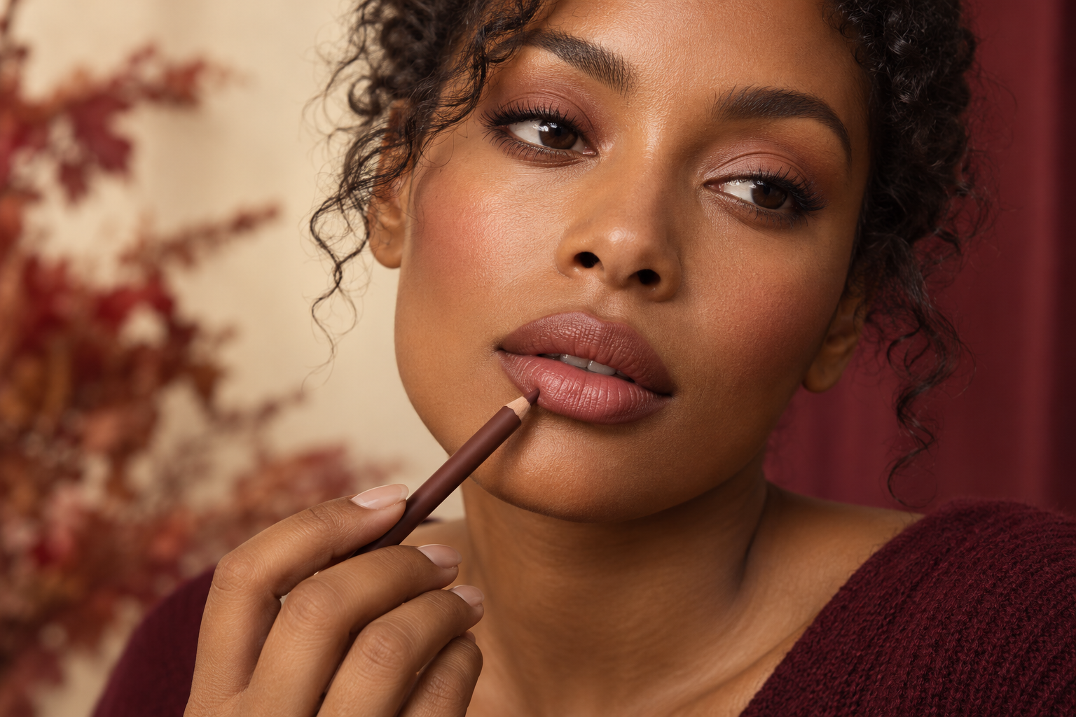 Woman applying a cocoa-brown lip liner along her natural lip border