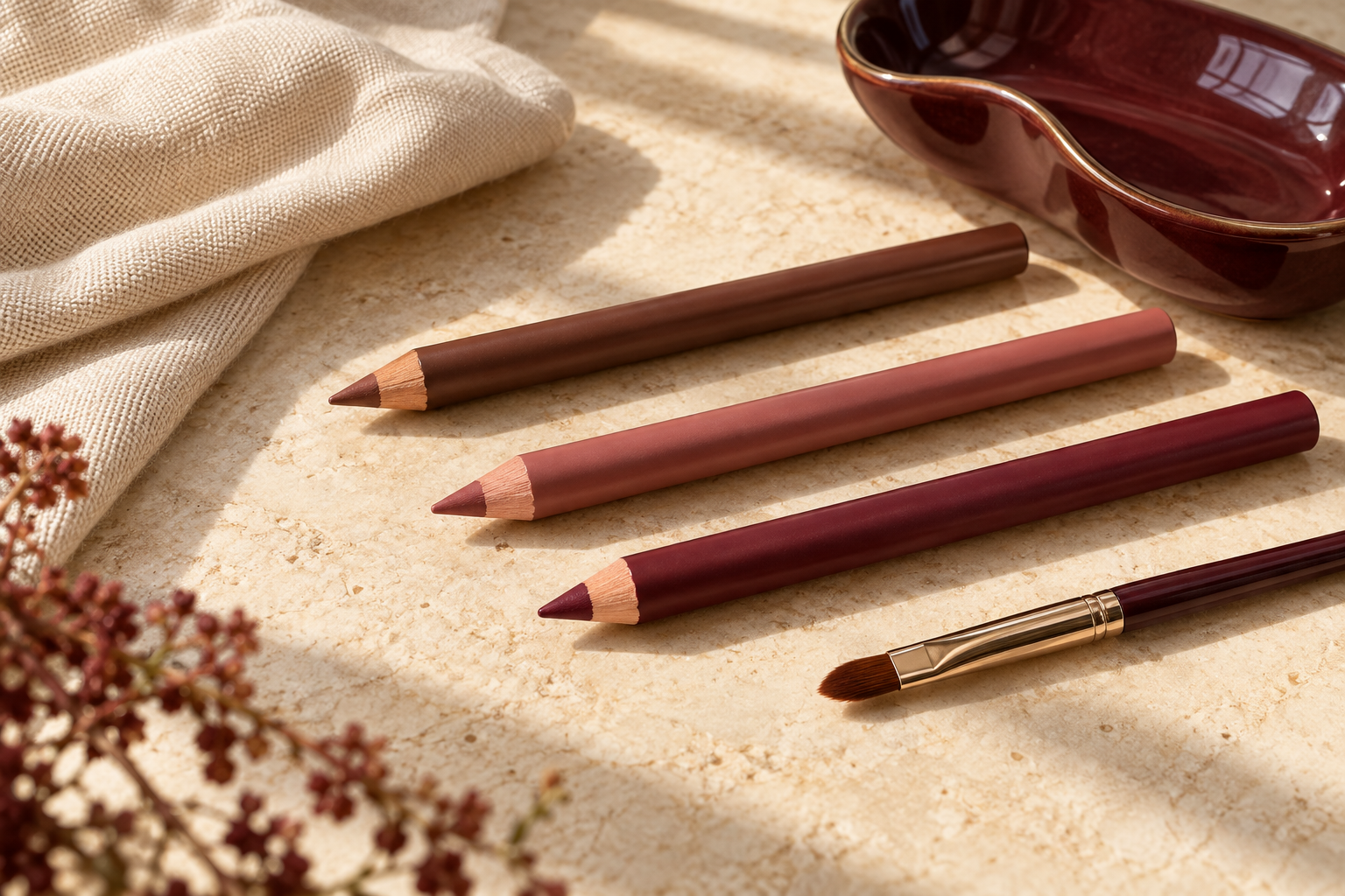 Brown, muted rose and burgundy lip liner pencils beside a lip brush on an ivory surface