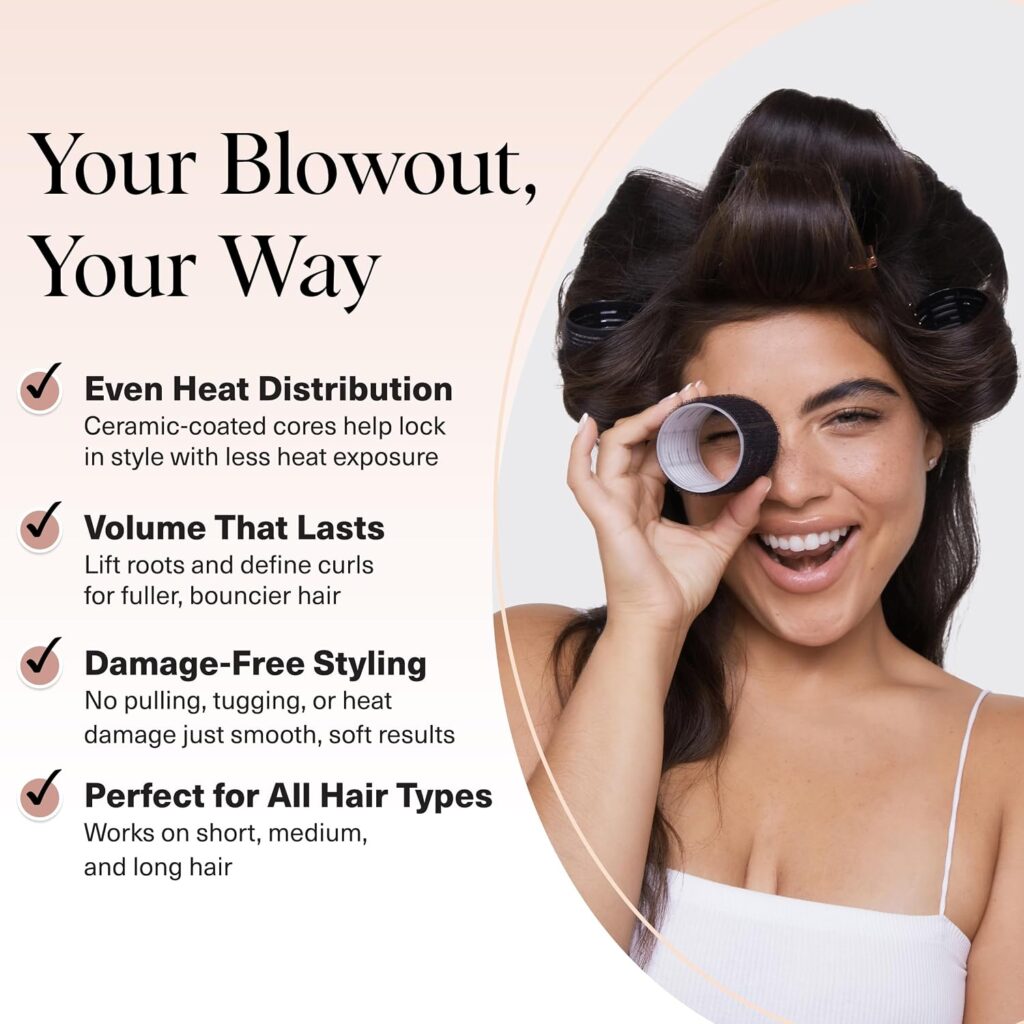 Woman wearing large self-grip hair rollers for a voluminous blowout look
