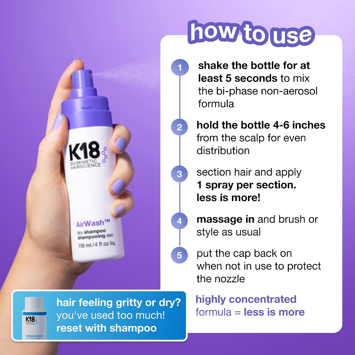 Step-by-step guide showing how to apply K18 AirWash non-aerosol dry shampoo mist