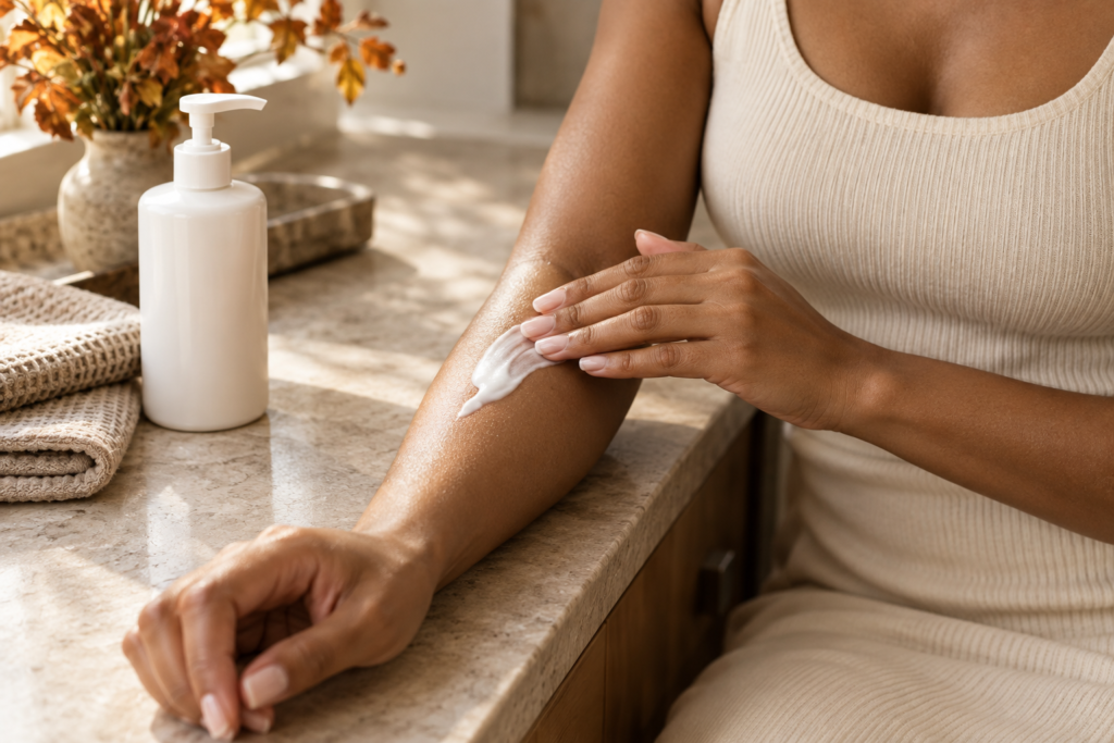 Adult applying lightweight body lotion to her forearm beside an unbranded pump bottle