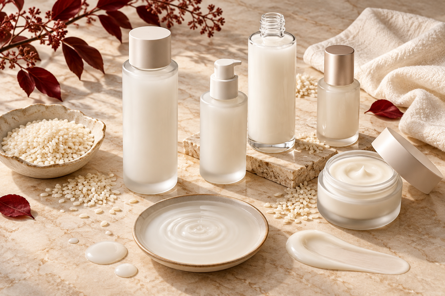 Unbranded milky toner bottles with rice and cream textures for a fall 2026 skincare guide