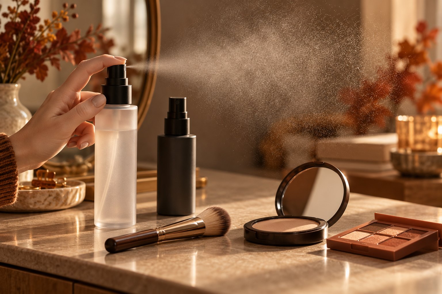Fine cosmetic setting mist above a fall makeup vanity with powder, brushes and unbranded spray bottles