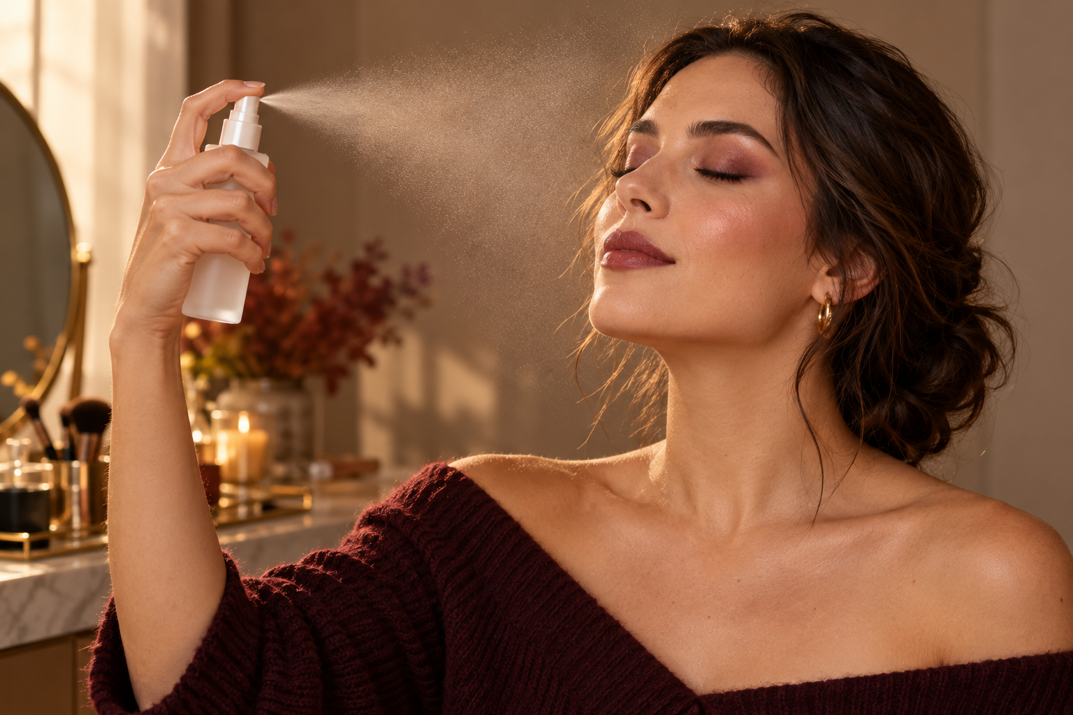 Woman applying setting spray to finished fall makeup with her eyes closed