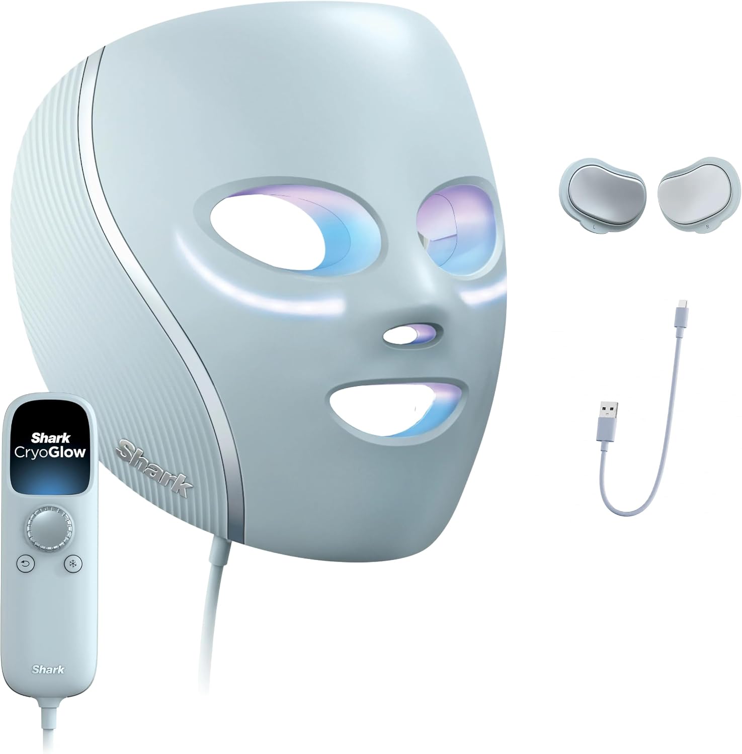 Shark CryoGlow LED face mask in blue