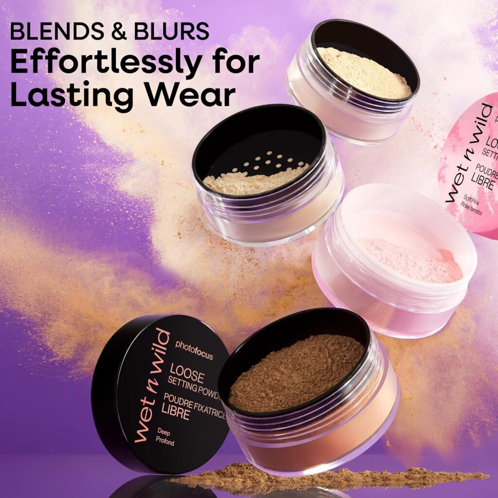 Assorted wet n wild loose setting powders in translucent and deeper shades on a purple background
