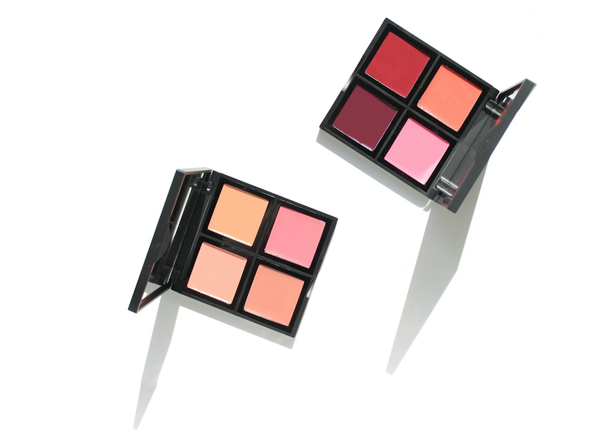 Open cream blush and lip color palettes with pink, rose and warm shades